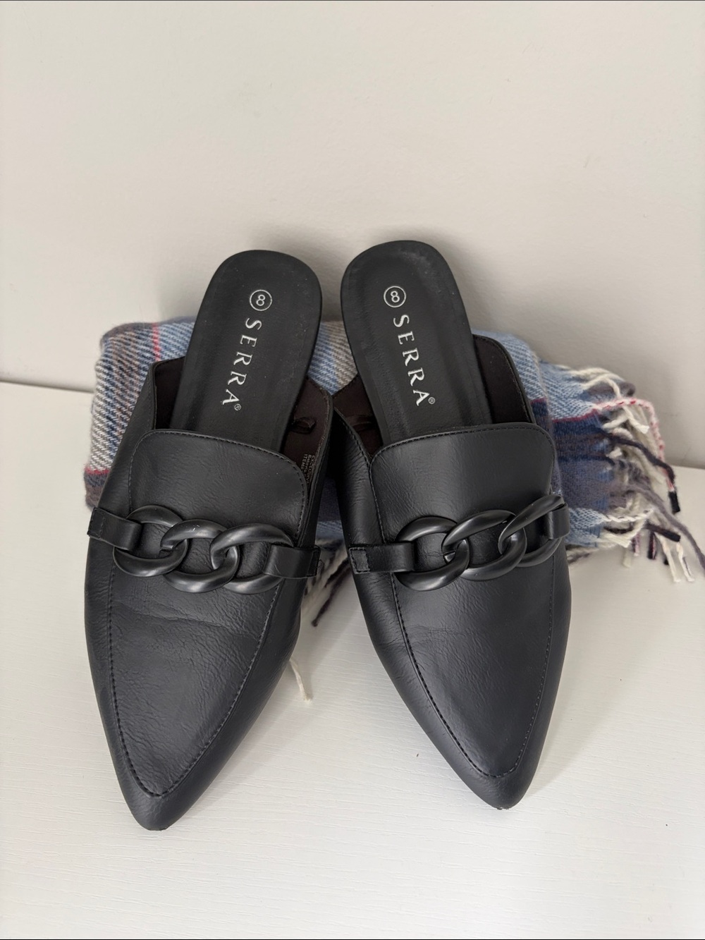 Serra Black Pointed Chain-Trim Backless Mules